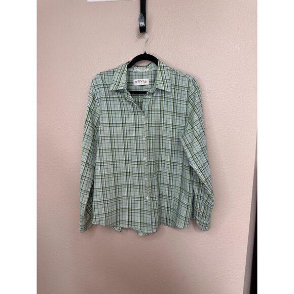 Orvis Womens Blue Green Blouse 14 long sleeve button up cotton collared‎ plaid - Picture 1 of 6